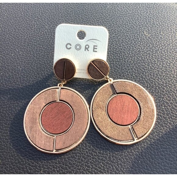 Core Boho Geometric Dangle Earrings With Circle Design Wood Inlay Fall NEW - Picture 1 of 3